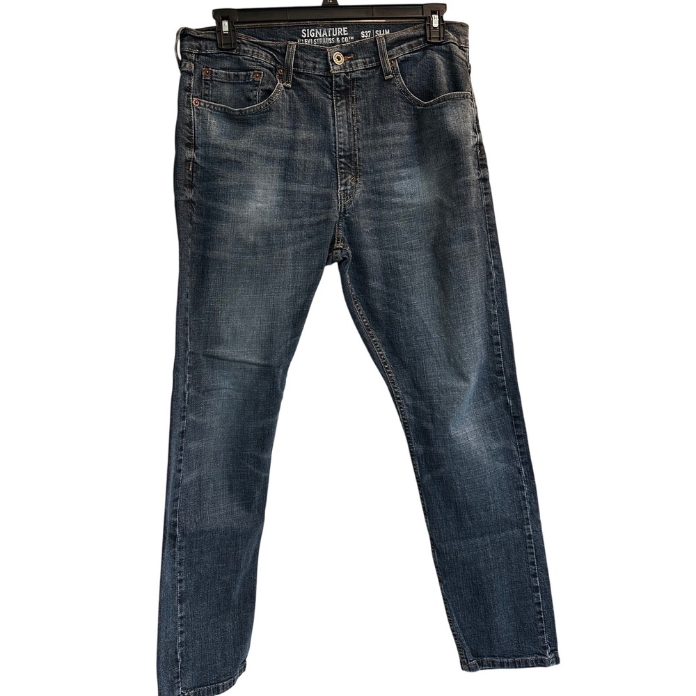 Signature Levi Strauss S37 Slim Mens Dark Wash Denim Jeans 36x29